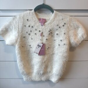 Muse, fuzzy, warm, short sleeve knit sweater size medium with rhinestone pattern